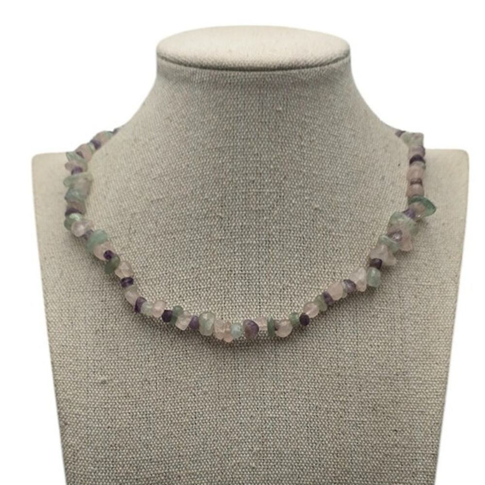 Pastel Gemstone Chip Bead Necklace Fluorite Amethyst Rose Quartz Natural Stone